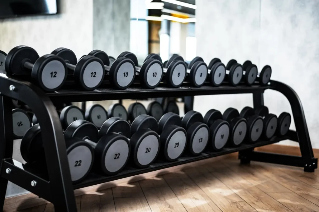 rows of metal dumbbells on rack for bodybuilding i 2023 11 27 05 35 27 utc